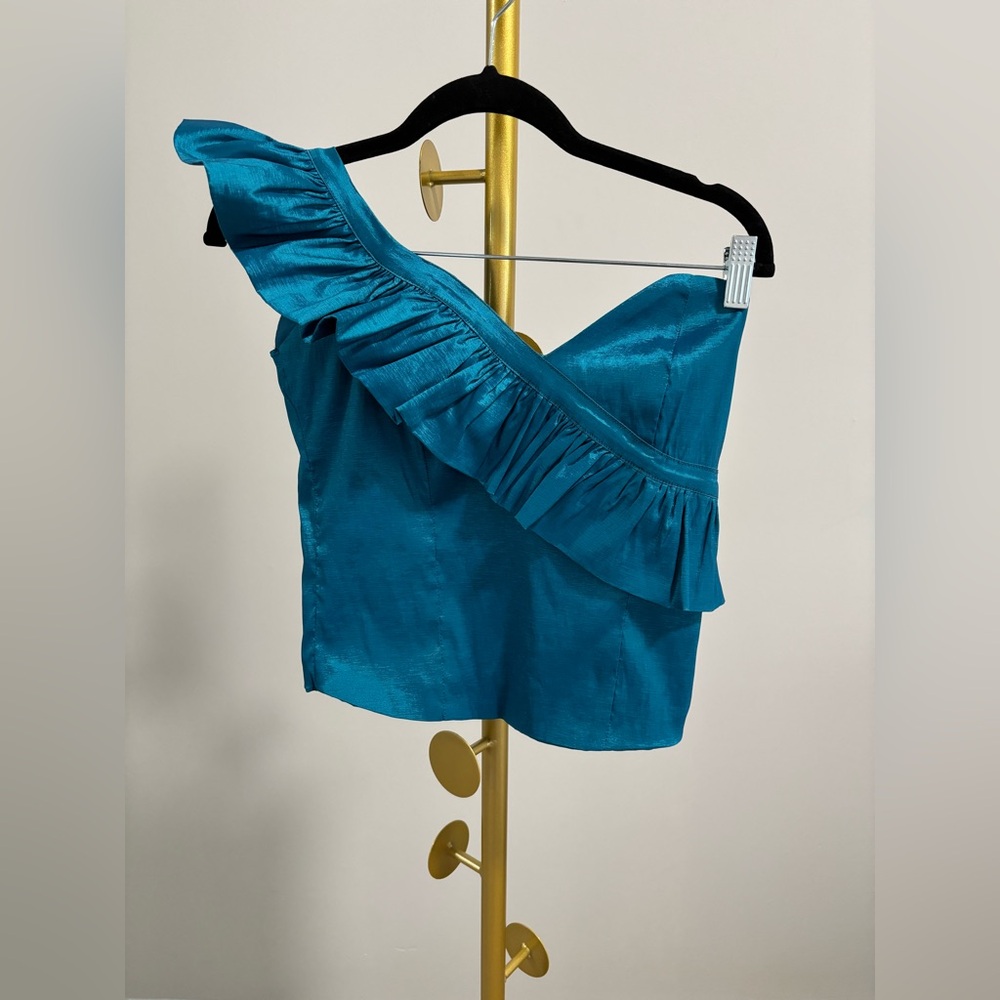 ANDREA ROSSI Teal One-Shoulder Ruffle Top